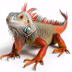 Naklejka premium A colorful iguana with red spikes poses against a stark white backdrop in a studio setting looking vibrant.