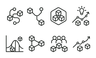 Line style icons of blockchain: blockchain roadmap, future fork prediction, blockchain milestone badge, technology evolution icon, blockchain adoption curve, blockchain mainstream icon, blockchain