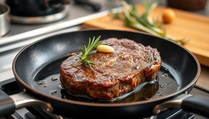 Steak cooking in a pan