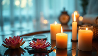 Spa ambiance with candles and lotus flowers