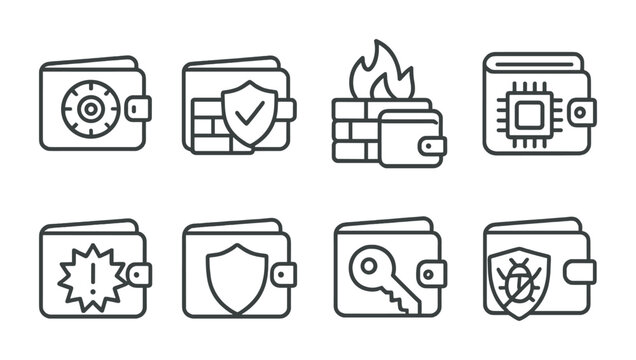 Line style icons of wallets: wallet with vault lock, fortified wallet security, wallet firewall icon, hardware security module wallet, wallet intrusion detection, wallet shield icon, secure key