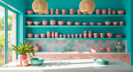 Stylish Turquoise And Pink Kitchen With Shelves Full Of Pottery