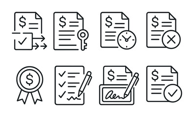 Line style icons of transactions: transaction approval workflow, transaction authorization key, approval pending icon, rejected transaction stamp, approved payment badge, reviewer checklist icon,