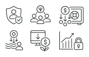 Line style icons of DeFi: decentralized ID authentication, DAO membership icon, reward token distribution, smart yield vault, staking pool contribution, DeFi withdrawal request, farming return graph,