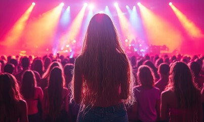 Woman with long hair facing a vibrant concert stage, bathed in colorful stage lights, amidst a large crowd of people