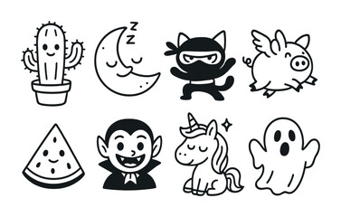 Line style icons of cartoons: cartoon cactus, sleepy moon, ninja cat, flying pig, cartoon watermelon, funny vampire, dreamy unicorn, scared ghost.
