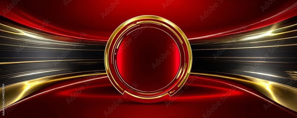 Poster a red and gold background with a circular frame in the middle