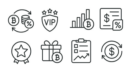 Line style icons of exchanges: transaction fee discount, VIP trading tier, trading volume milestone, fee rebate program, premium user badge, exchange loyalty program, trading commission tracker, fee