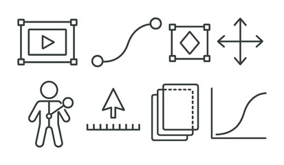 Line style icons of animation: frame editor, motion path, animation keyframe, transformation tool, puppet pin tool, timeline cursor, onion skinning, easing curve.