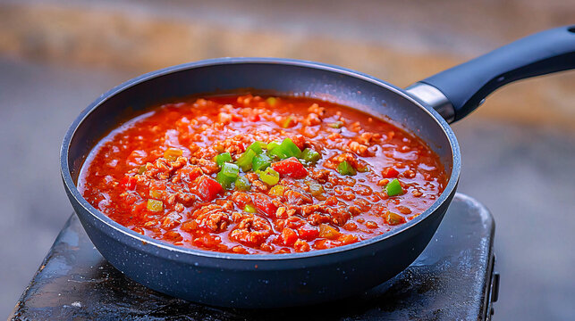Pan of Freshly Prepared Tomato Sauce With Peppers and Meat Garnished Beautifully.
