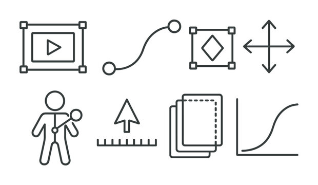 Line style icons of animation: frame editor, motion path, animation keyframe, transformation tool, puppet pin tool, timeline cursor, onion skinning, easing curve.