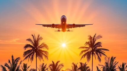 Airplane flying over palm trees silhouetted against the bright sun du a beautiful tropical sunset.