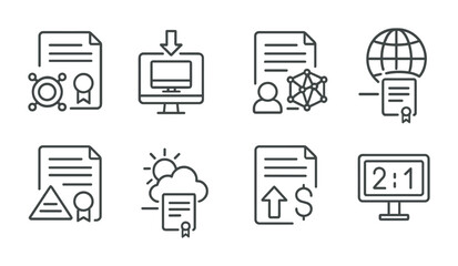 Line style icons of smart contracts: oracle-connected smart contract, off-chain data fetch, decentralized oracle connection, real-world data trigger, hybrid smart contract, weather data oracle,