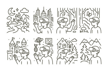 Obraz premium Line style icons of VR: VR fantasy world, cyberpunk VR city, enchanted VR forest, VR medieval castle, futuristic VR lab, haunted VR mansion, VR alien planet, snowy VR landscape.