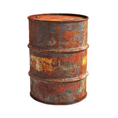 Fototapeta premium Old rusty steel oil barrel isolated on Transparent background showcasing weathered texture and color contrasts, Old rusty steel oil barrel isolated on PNG background