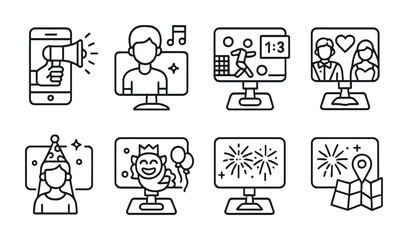 Line style icons of AR: AR event promotion, AR concert experience, AR live sports stats, AR wedding highlights, AR party filters, AR parade overlays, AR fireworks show, AR festival guide.