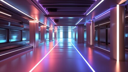Futuristic neonlit hallway ideal for scifi concepts, technology themes, and futuristic settings in design, advertising, or digital arts projects.