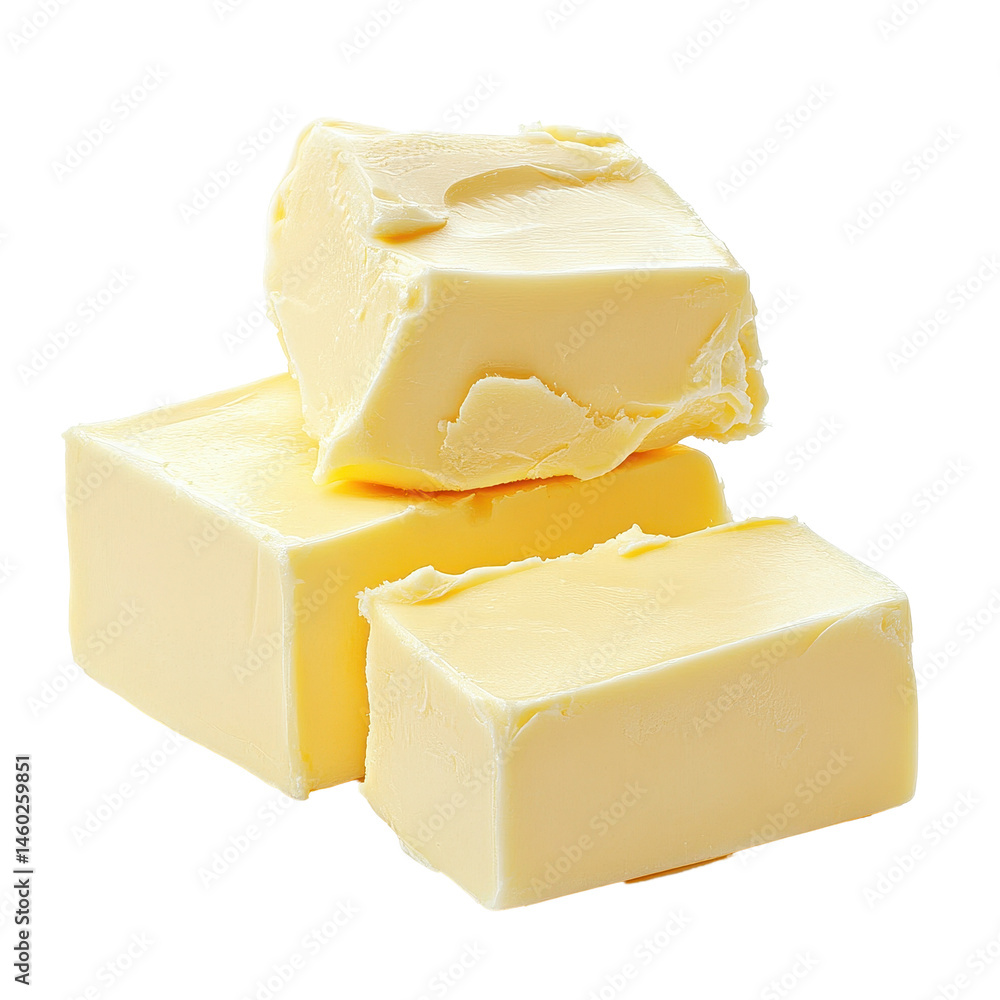 Poster butter slices and a block of butter isolated on a transparent background showcasing dairy products i