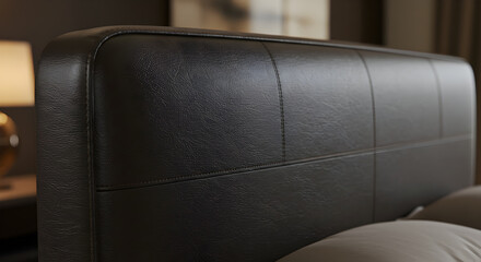 Close Up Of Stylish Dark Leather Bed Headboard With Pillows