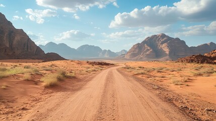 Naklejka premium Scenic Desert Road Journey Wadi Rum Jordan Majestic Mountain Landscape Breathtaking View Stunning Red Sand Dunes Adventure Travel Photography Beautiful Nature Scenery Outdoor Exploration 