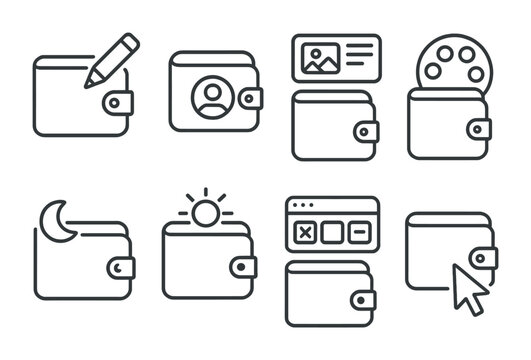 Line style icons of wallets: wallet personalization icon, wallet profile avatar, wallet theme customization, color palette for wallet, dark mode wallet, light mode wallet, custom dashboard widgets,
