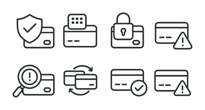 Line style icons of transactions: transaction security shield, encrypted payment icon, secure transaction lock, fraud detection alert, transaction dispute icon, transaction verification process,