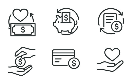Line style icons of transactions: recurring donation transaction, automatic savings transfer, subscription renewal transaction, loan repayment transaction, credit card bill transaction, micro-payment