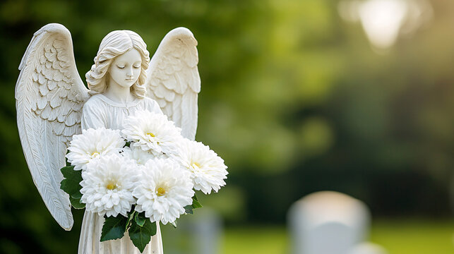 Angel statue holds white flowers in a peaceful graveyard setting on a bright and sunny summer day.