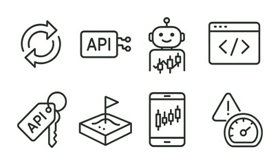 Line style icons of exchanges: exchange API access, trading bot integration, programmatic trading connection, exchange developer portal, API key generator, exchange sandbox environment, testnet