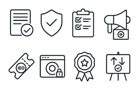 Line style icons of exchanges: exchange listing application form, project verification badge, token review checklist, listing announcement banner, initial exchange offering (IEO) ticket, token
