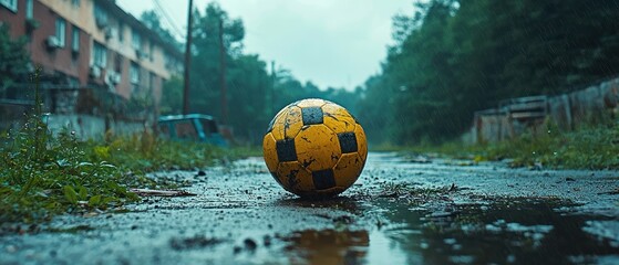 Worn soccer ball sits alone on a rain-soaked, muddy road, buildings and trees in background