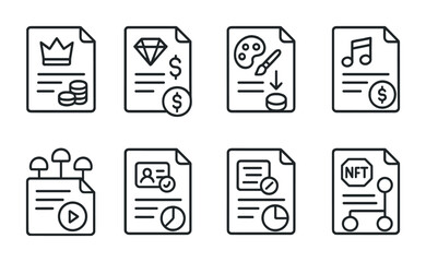 Line style icons of smart contracts: royalty distribution contract, NFT secondary sale royalties, creator commission smart contract, artist payout smart contract, streaming royalties automation,
