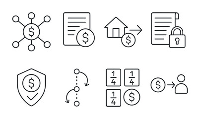 Line style icons of tokenization: decentralized asset registry, token ownership record, transfer of tokenized asset, smart contract asset lock, proof of asset reserve, audit trail for tokens,