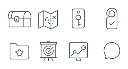 Line style icons of quest objectives: treasure chest icon, map icon, key badge, unlockable door tag, mission file, goal achievement board, quest progress chart, objective bubble.