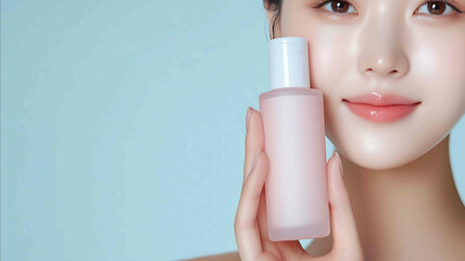 Hand holding the facial spray in hand and pressing down on the top with fingers beuty model Korean young girlclose eyes Clean soft light blue background