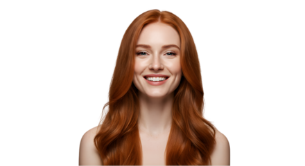 Beautiful Smiling Woman with Long Red Hair Isolated on White