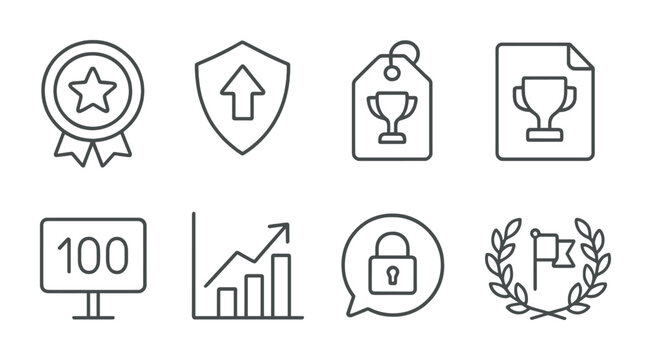 Line style icons of in-game achievements: achievement icon, level-up badge, trophy tag, unlocked item file, points board, ranking chart, unlocked achievement bubble, game victory symbol.