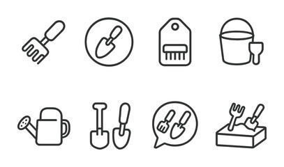 Line style icons of toy tools: mini rake icon, plastic trowel badge, toy brush tag, bucket shovel file, watering can board, digging tools chart, play tool bubble, sandbox tools symbol.