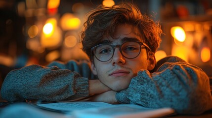 Young man rests chin on hands, studying at night. Warm light bokeh in background