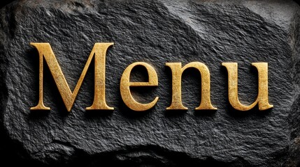 Golden Menu text on textured dark stone