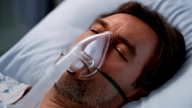 Adult man with oxygen mask lying in hospital bed, monitor showing vital signs, healthcare treatment for respiratory illness in a sterile environment