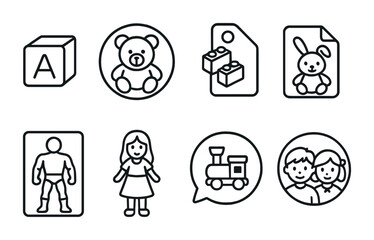 Line style icons of toys: toy block icon, teddy bear badge, building blocks tag, plush animal file, action figure board, doll chart, wooden toy bubble, childhood symbol.