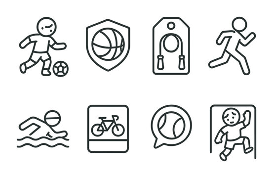 Line style icons of children’s sports: soccer icon, basketball badge, skipping rope tag, running file, swimming board, bicycle chart, tennis bubble, active play symbol.