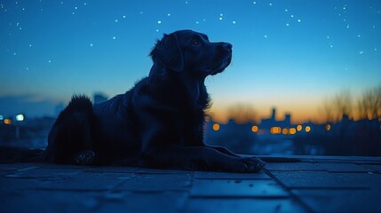 A watchful dog lounges on roof at night, gazing at the sparkling sky above distant city lights, a serene moment captured on a transparent background, PNG image, PNG file.