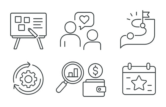 Line style icons of startups: digital whiteboard, early user feedback, startup journey map, coworking desk, rapid iteration icon, market gap magnifier, bootstrap budget, startup event calendar.
