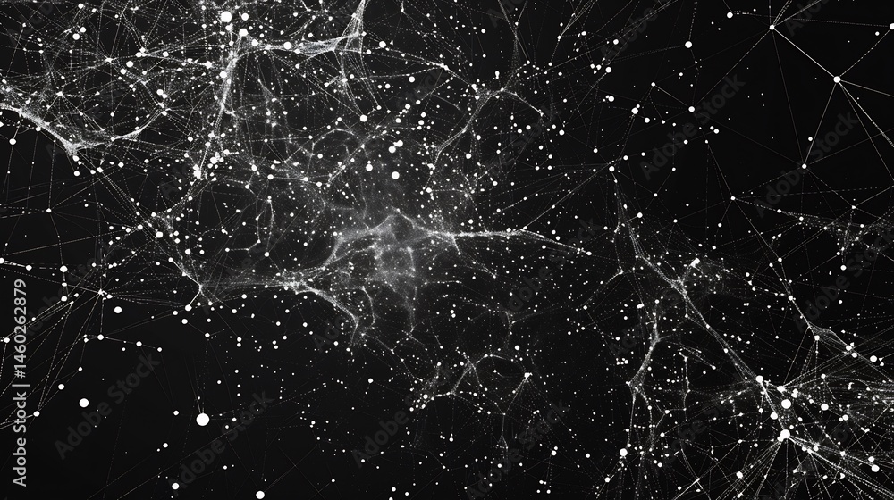 Poster intricate abstract network of interconnected white dots and lines on black background