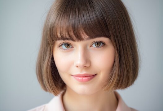 A woman with a short bob with bangs smiles at the camera.