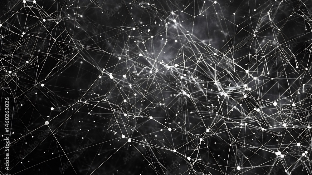 Poster abstract interconnected network of nodes and lines against a dark background