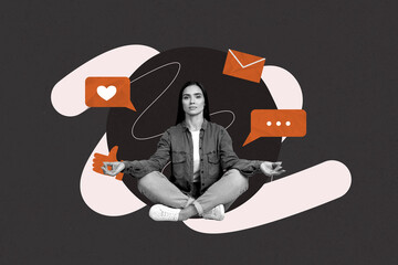 Creative collage of person sit on black background with heart text box icon