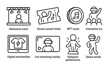 Line style icons of metaverse: metaverse event stage, virtual concert ticket, NFT music token, interactive crowd, digital merchandise, live streaming overlay, hologram performance, dance emote.